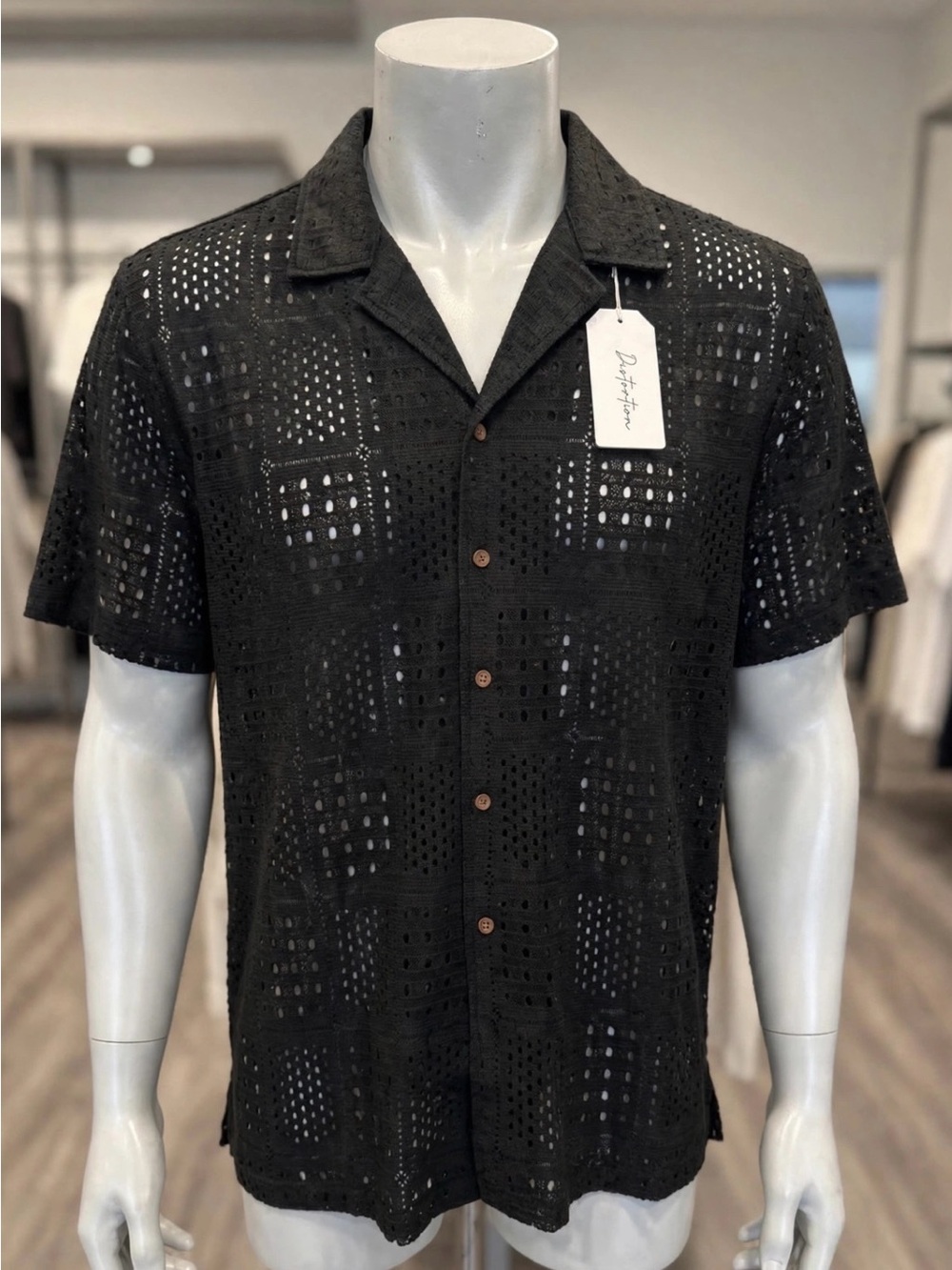 Men's Black Crochet Short-Sleeve Button-Down Shirt